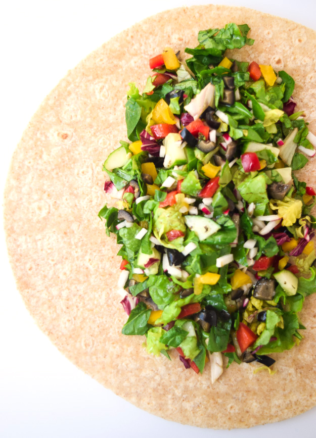 Mediterranean Chopped Salad Wraps - fresh and healthy chopped veggie mix with homemade vinaigrette, can be enjoyed as a salad or wrap! | tastythin.com