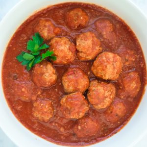 top down of quick instant pot meatballs and marinara in bowl