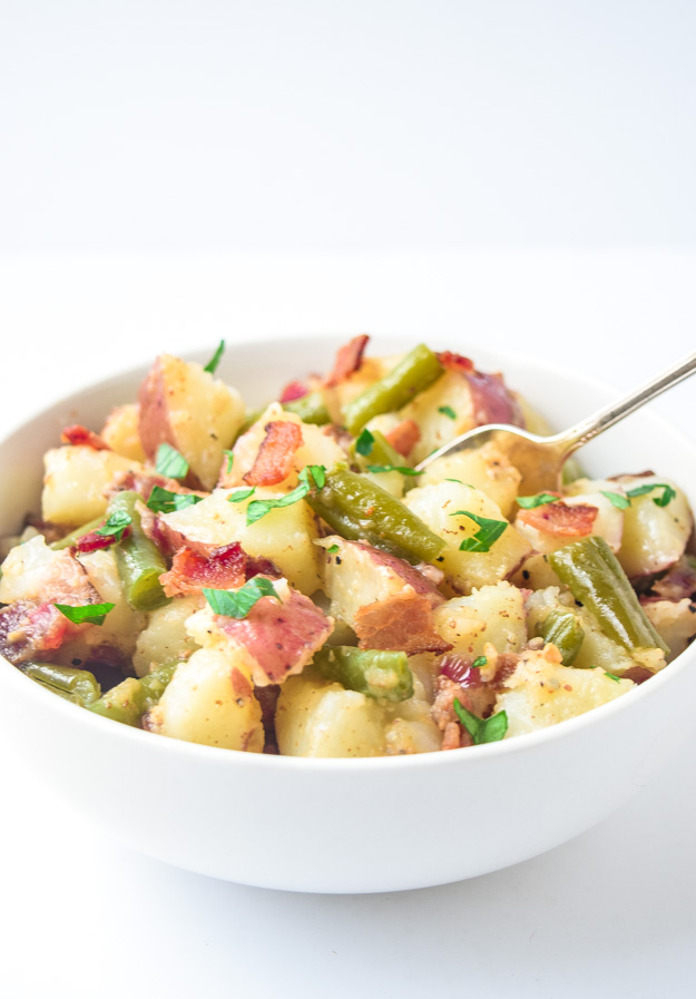 close up bowl of whole30 german potato salad made in the instant pot