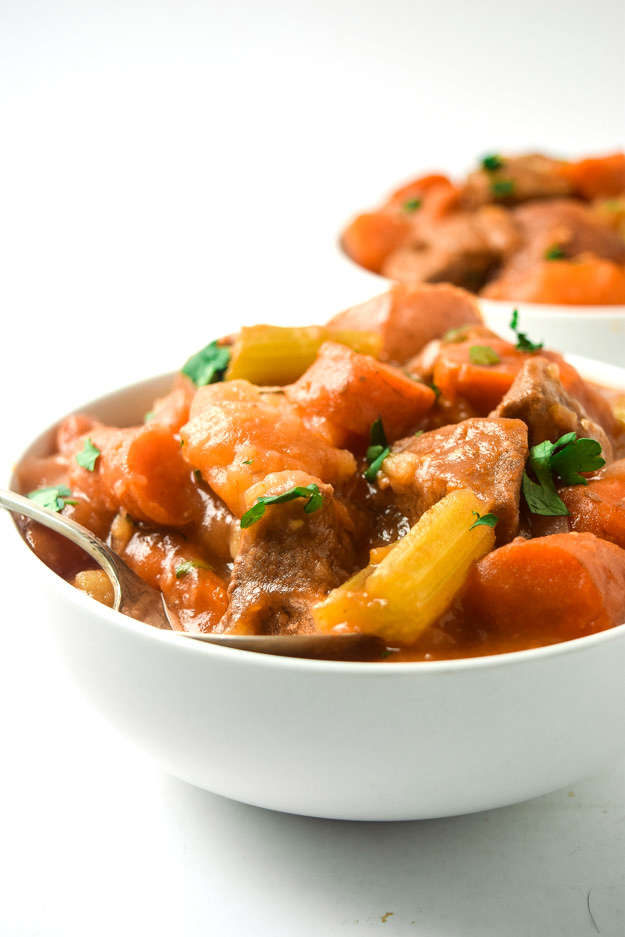 close up of instant pot whole30 beef stew in bowl
