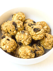 oatmeal raisin cookie protein balls in a bowl