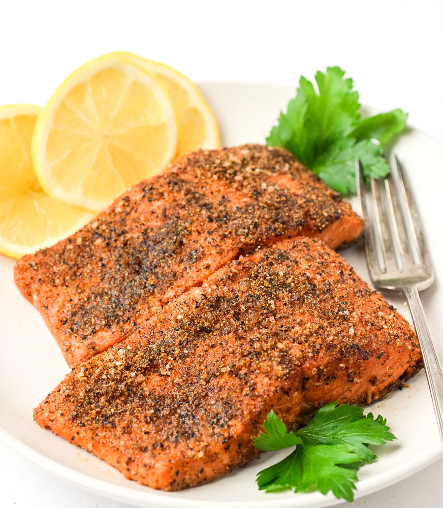 air fried blackened salmon filets on a plate