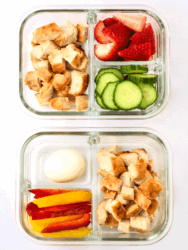 meal prep chicken bento boxes in glass containers