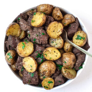 bowl of air fryer steak and potatoes