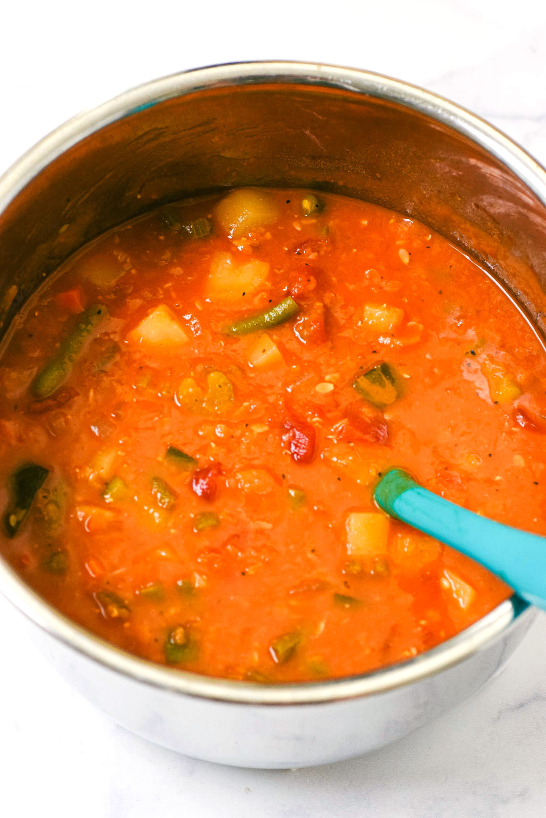 vegetable stew after cooking in instant pot with ladle